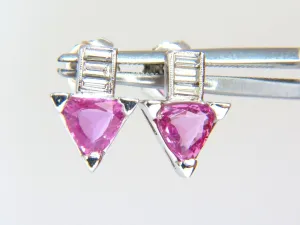 1.90ct natural vivid pink trilliant sapphire diamonds stud earrings 14kt