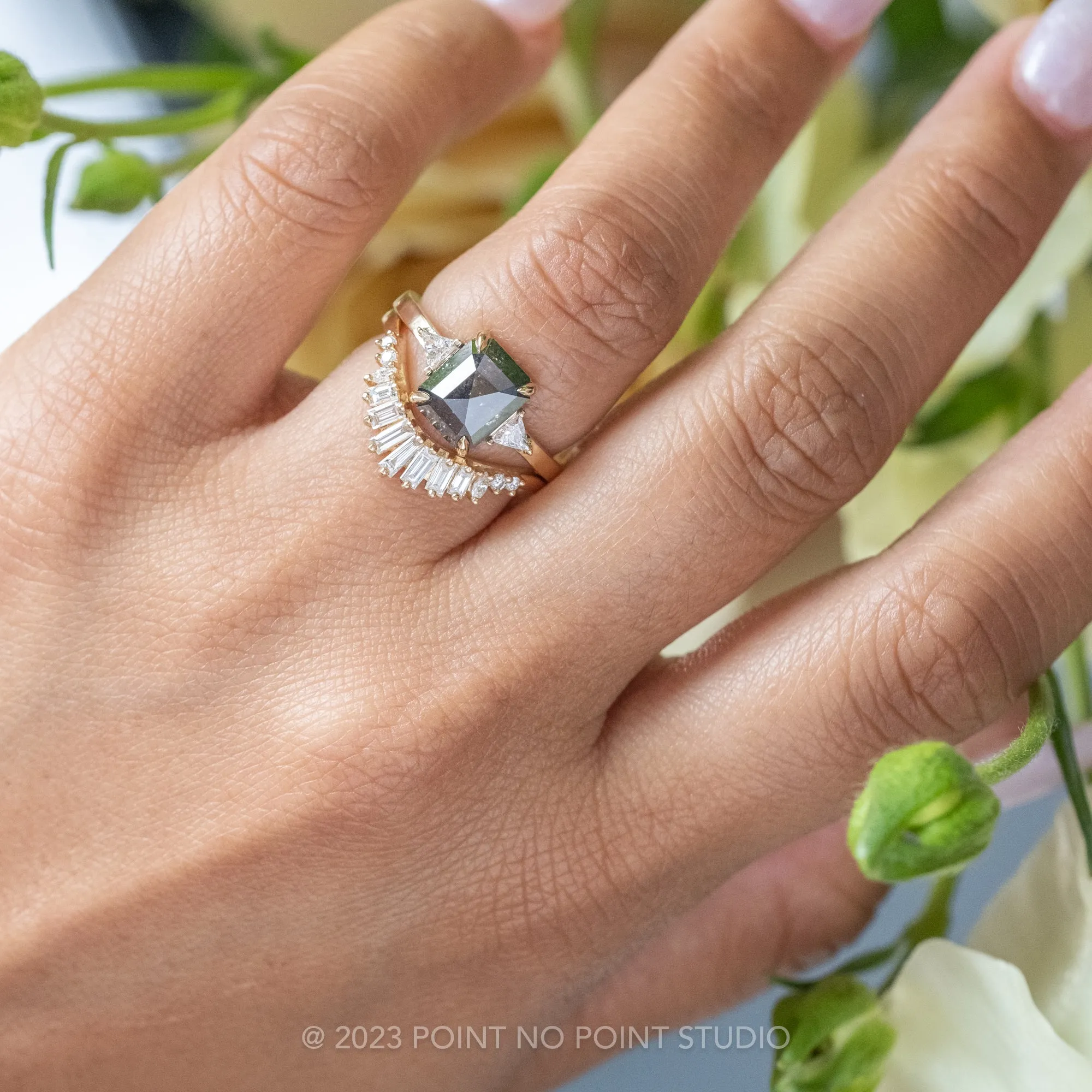 1.96 Carat Salt and Pepper Emerald Cut Diamond Engagement Ring, Zoe Setting, 14K Yellow Gold