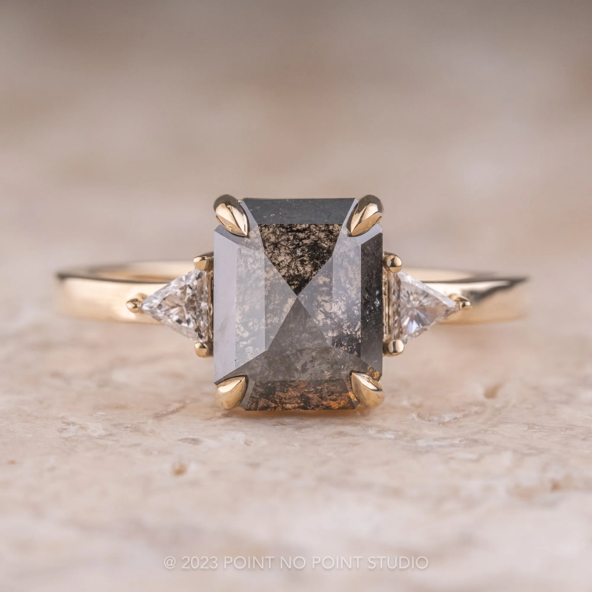 1.96 Carat Salt and Pepper Emerald Cut Diamond Engagement Ring, Zoe Setting, 14K Yellow Gold