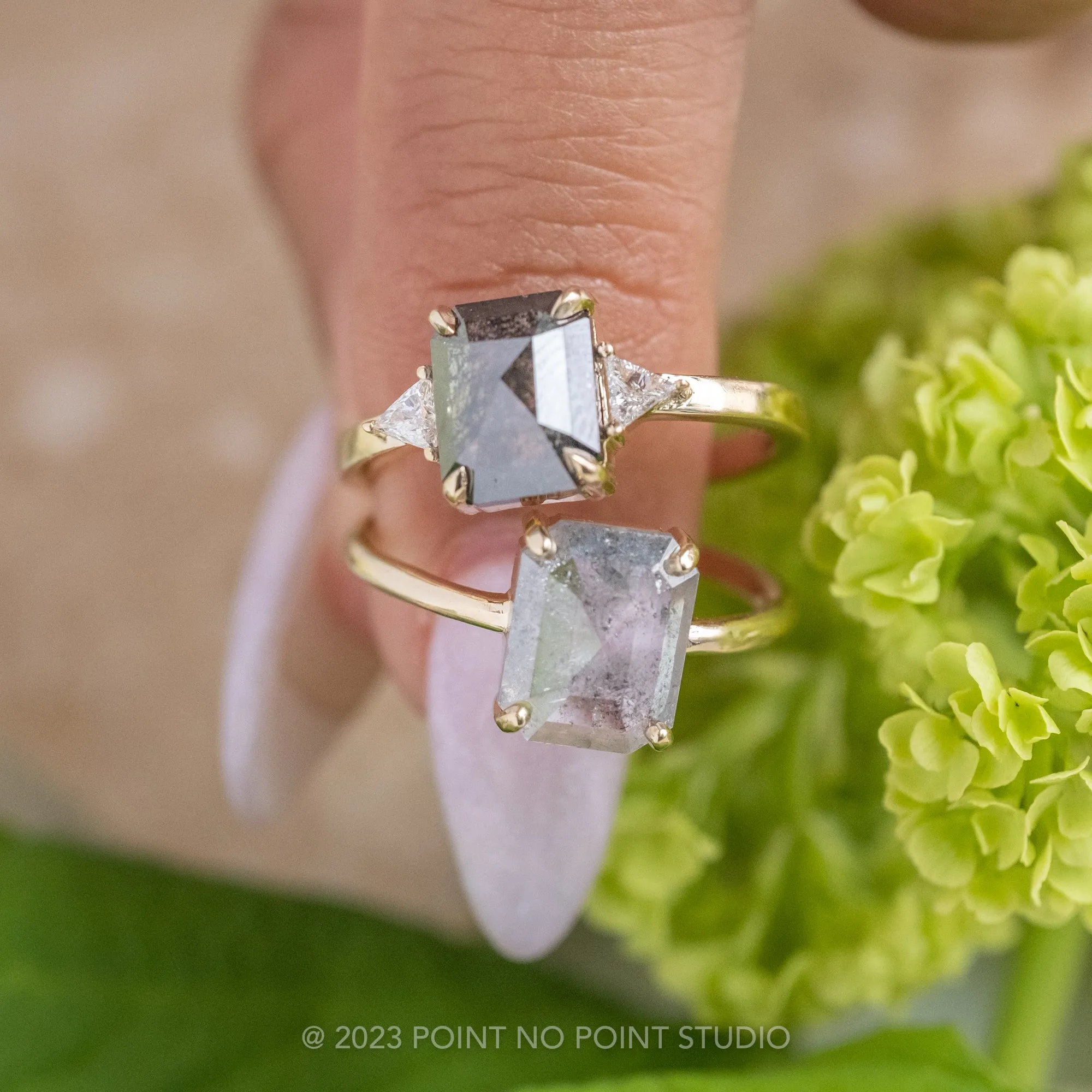 1.96 Carat Salt and Pepper Emerald Cut Diamond Engagement Ring, Zoe Setting, 14K Yellow Gold