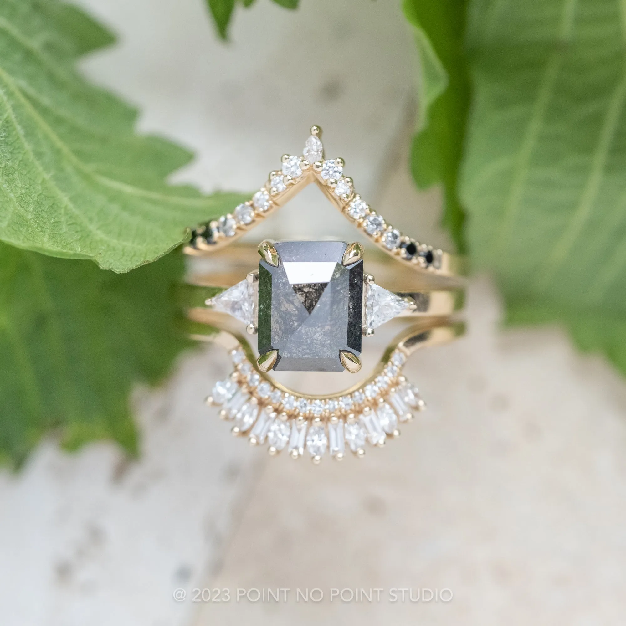1.96 Carat Salt and Pepper Emerald Cut Diamond Engagement Ring, Zoe Setting, 14K Yellow Gold