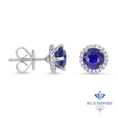 1.98ctw Round Blue Sapphire Earrings with diamond halo in 18K White Gold