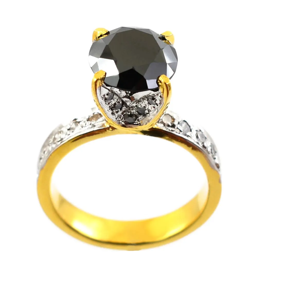 2 Ct Black Diamond Solitaire Ring With Diamond Accents. AAA Certified, Gorgeous Look & Great Shine