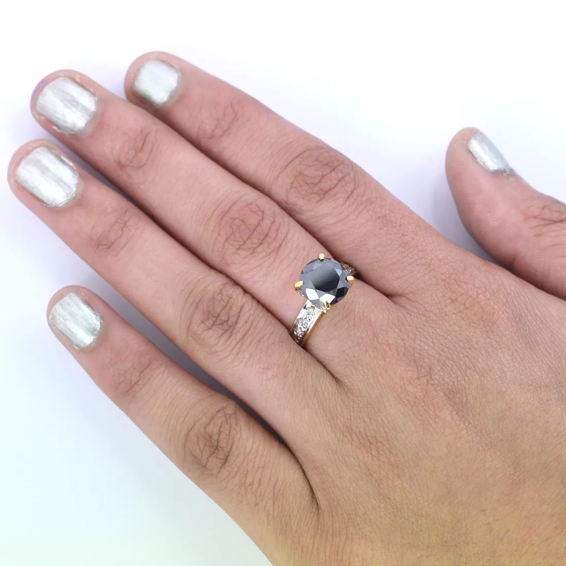 2 Ct Black Diamond Solitaire Ring With Diamond Accents. AAA Certified, Gorgeous Look & Great Shine