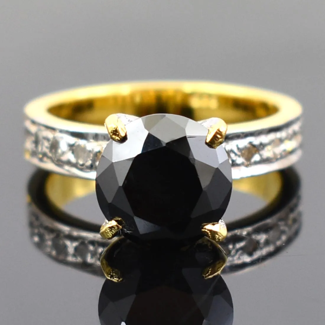 2 Ct Black Diamond Solitaire Ring With Diamond Accents. AAA Certified, Gorgeous Look & Great Shine