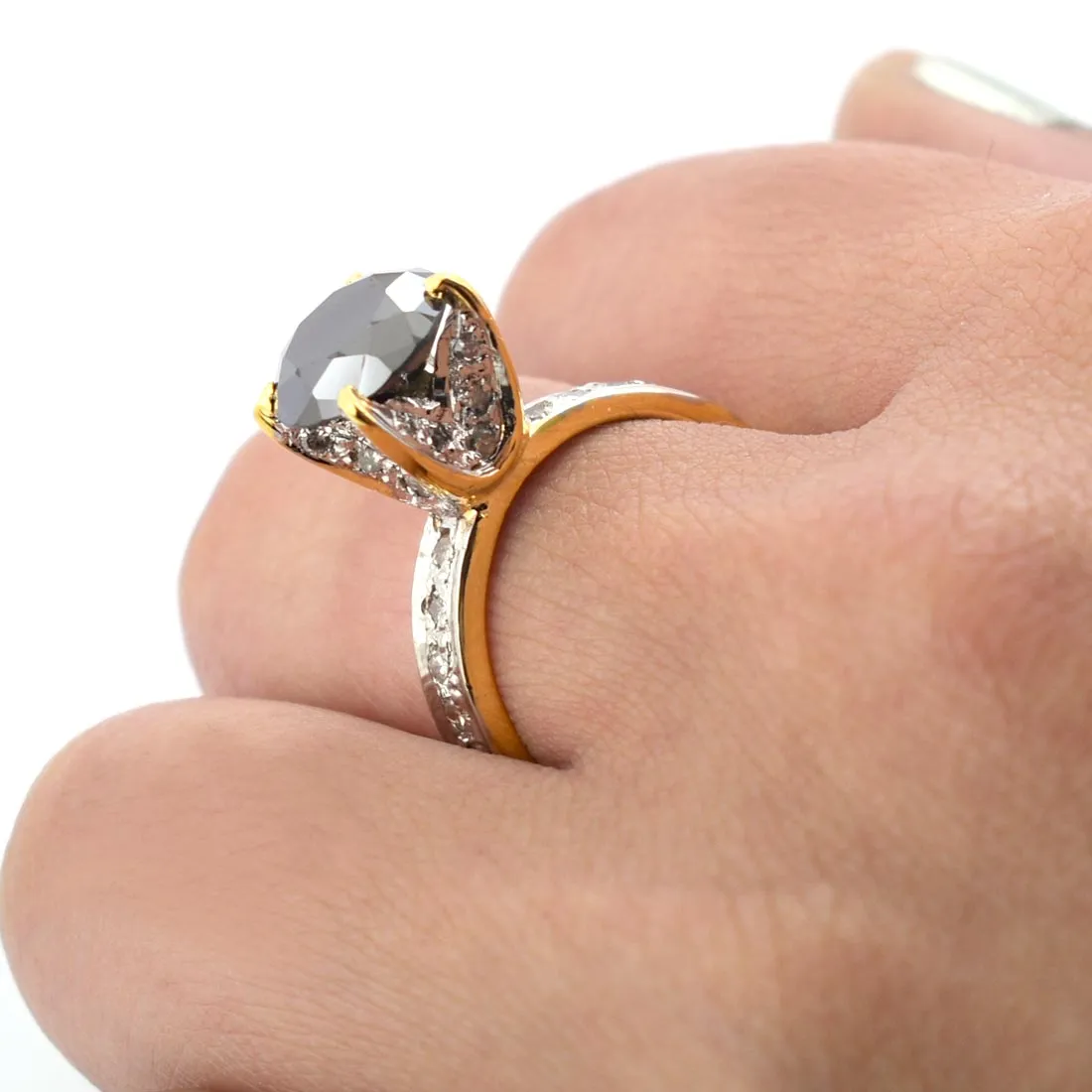 2 Ct Black Diamond Solitaire Ring With Diamond Accents. AAA Certified, Gorgeous Look & Great Shine