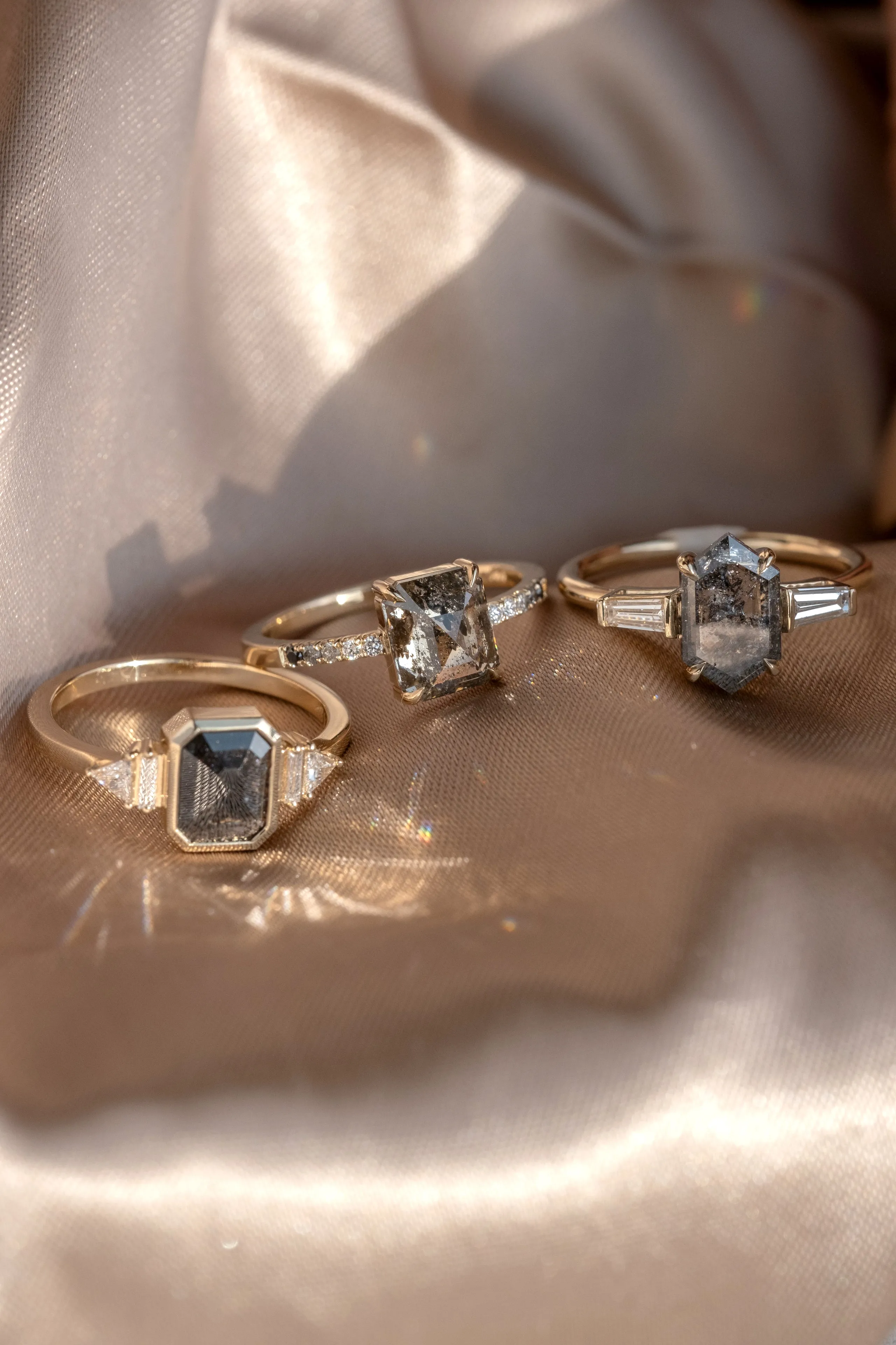 2.01 Carat Black Speckled Hexagon Diamond Engagement Ring, Zoe Setting, 14K Yellow Gold