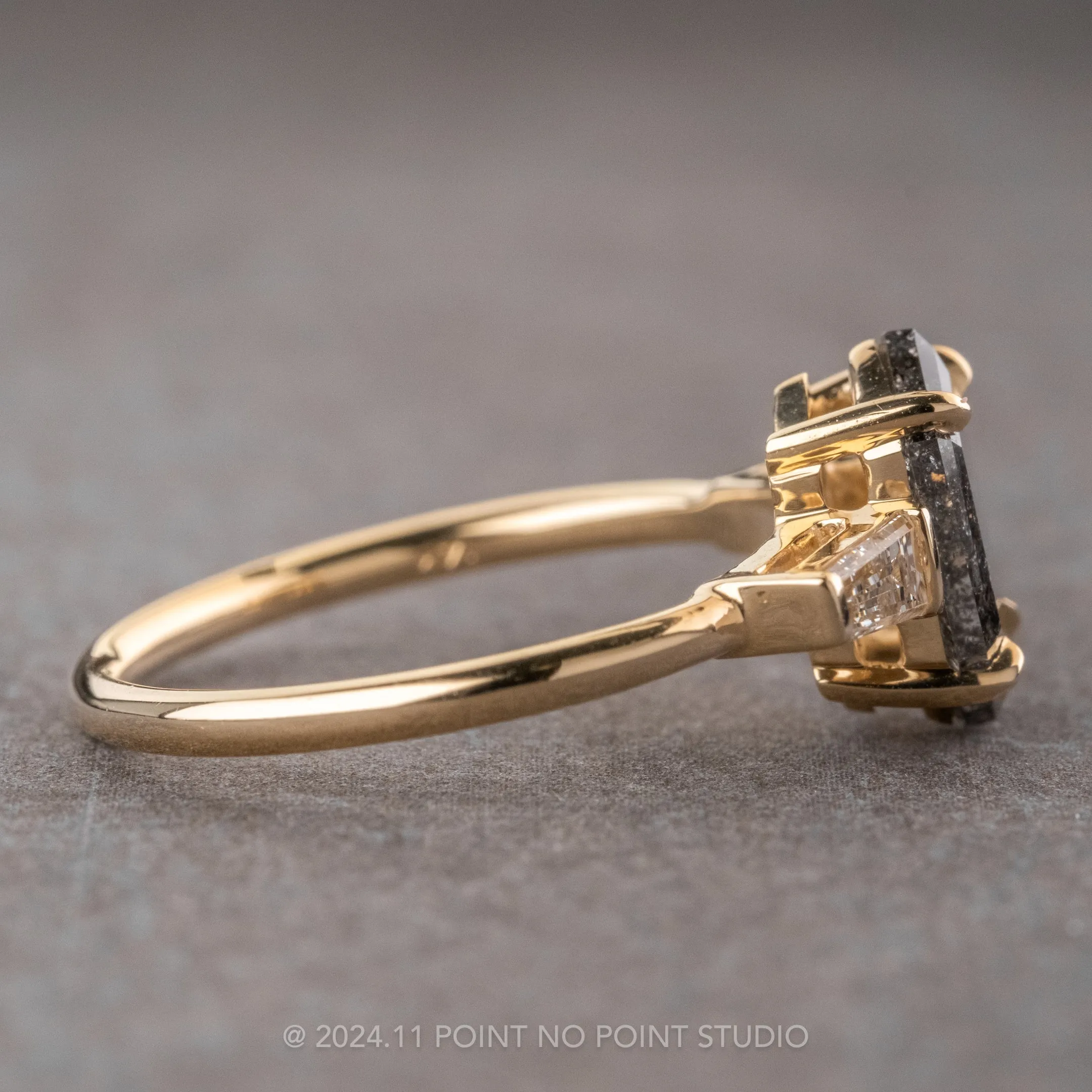 2.01 Carat Black Speckled Hexagon Diamond Engagement Ring, Zoe Setting, 14K Yellow Gold