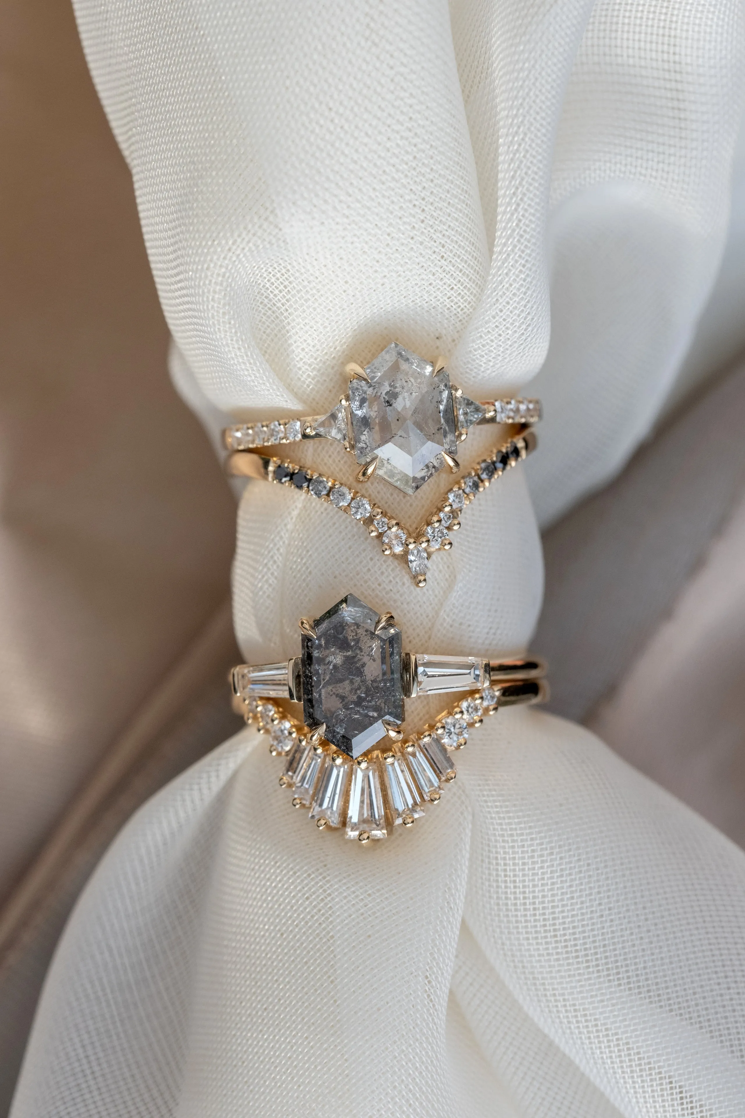 2.01 Carat Black Speckled Hexagon Diamond Engagement Ring, Zoe Setting, 14K Yellow Gold