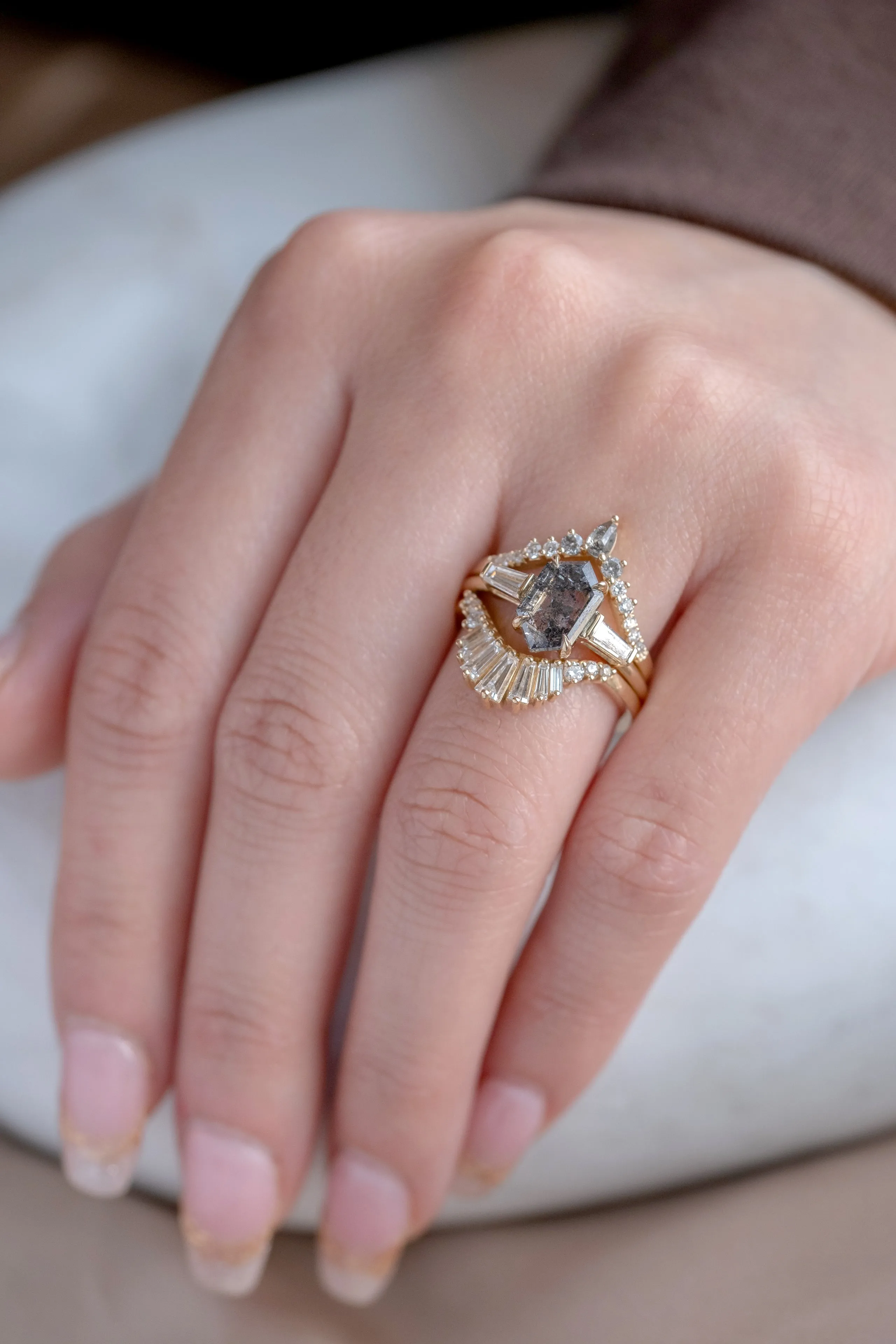 2.01 Carat Black Speckled Hexagon Diamond Engagement Ring, Zoe Setting, 14K Yellow Gold
