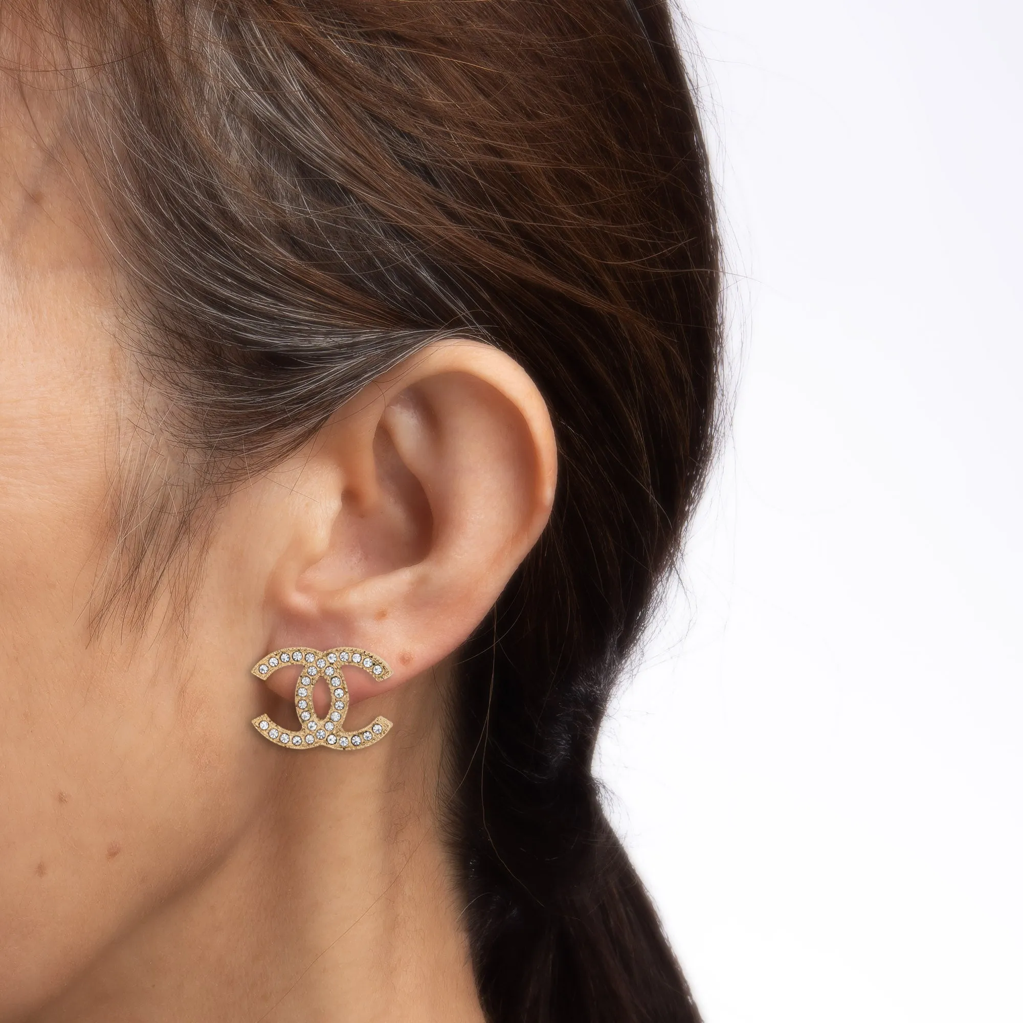 2014 Chanel CC Logo Crystal Earrings Studs Yellow Gold Tone