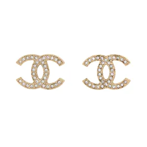 2014 Chanel CC Logo Crystal Earrings Studs Yellow Gold Tone
