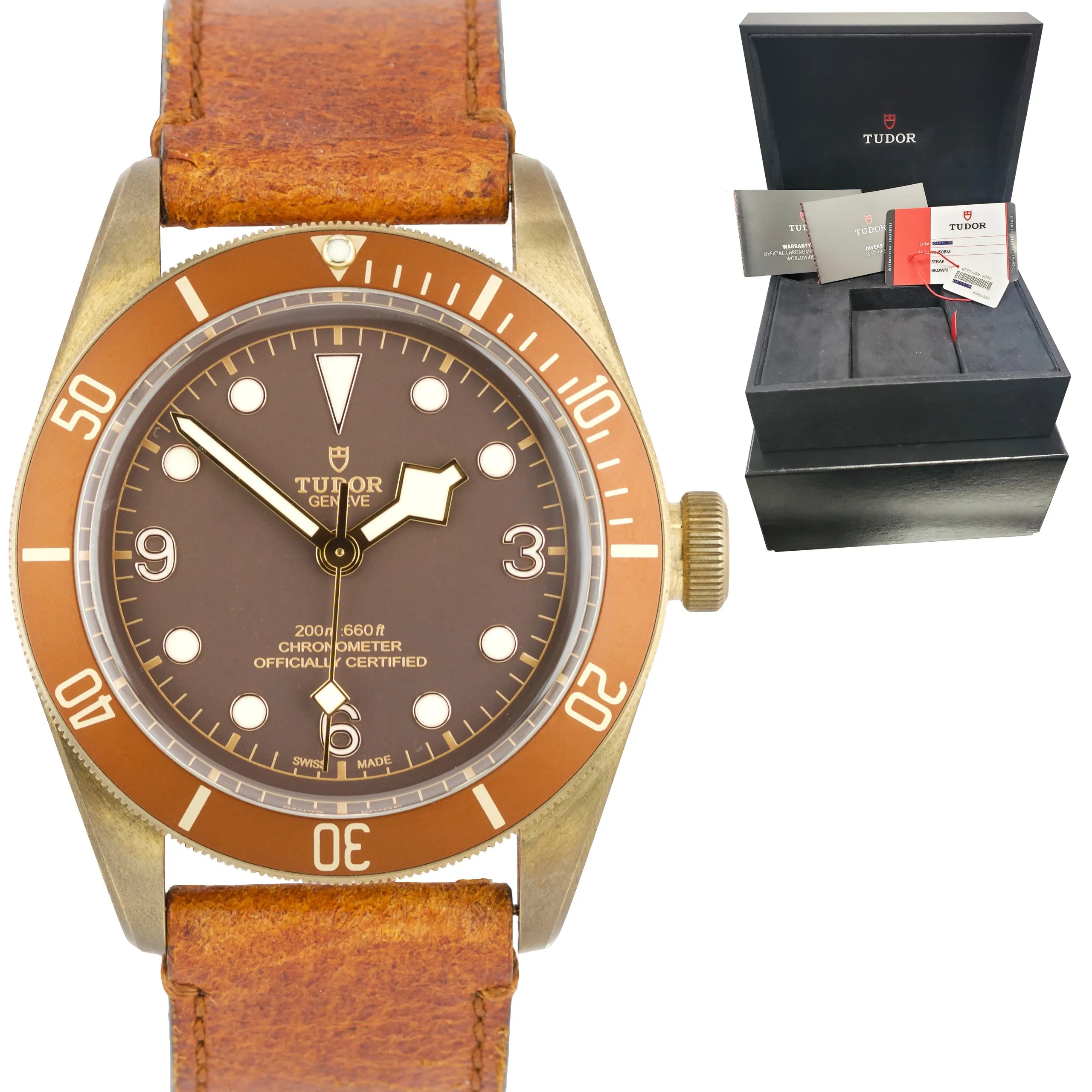 2019 MINT Tudor Black Bay Heritage Bronze 79250BM Brown 43mm Dive Leather Watch