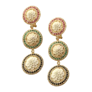 20K Bali Carved Bone Three Drop Earrings