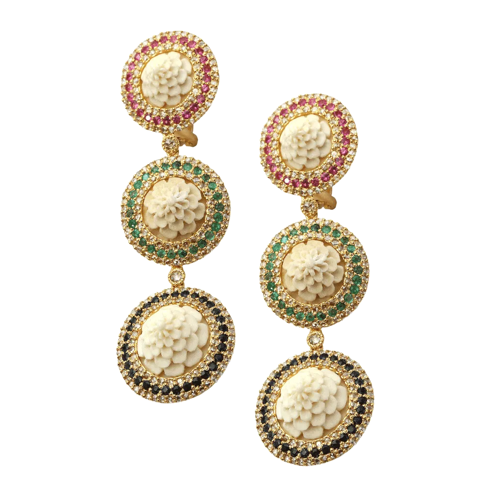 20K Bali Carved Bone Three Drop Earrings