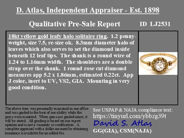 .22ct Round Rose Cut Diamond Leaf Motif Solitaire