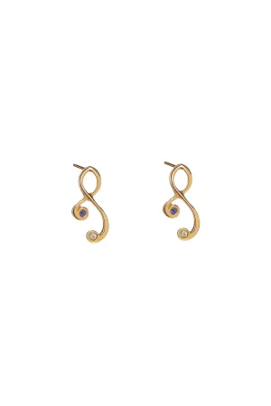 22k Gold Tiny Tendril Earrings with Diamond and Sapphire