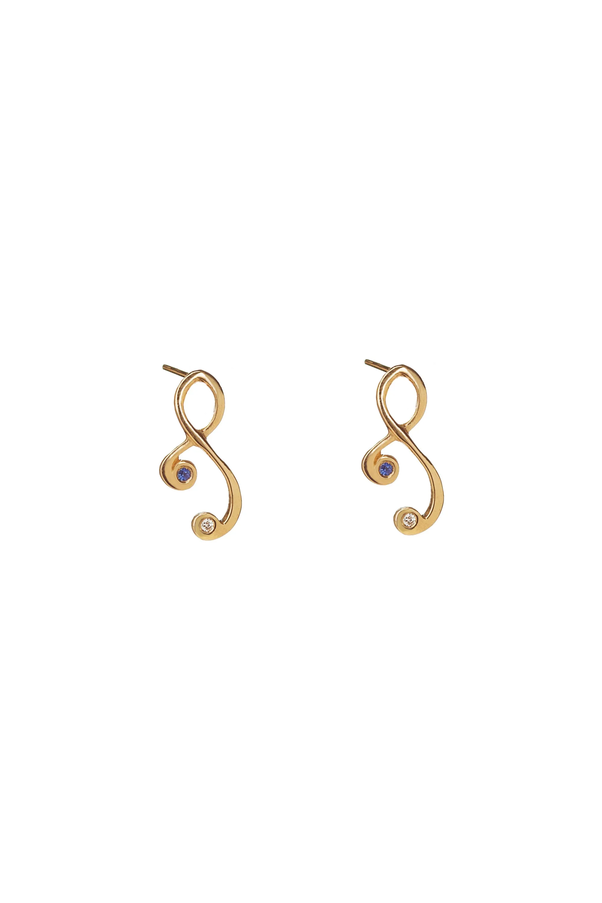 22k Gold Tiny Tendril Earrings with Diamond and Sapphire