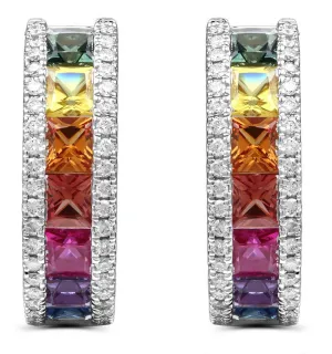 2.40ct tw Princess Cut Rainbow Sapphire & Diamond White Gold Hoop Earrings