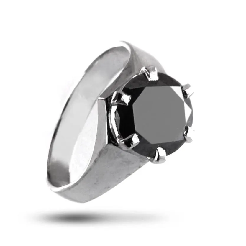 2.50 Ct Certified Round Black Diamond Ring in 925 Sterling Silver. Great Brilliance & Luster