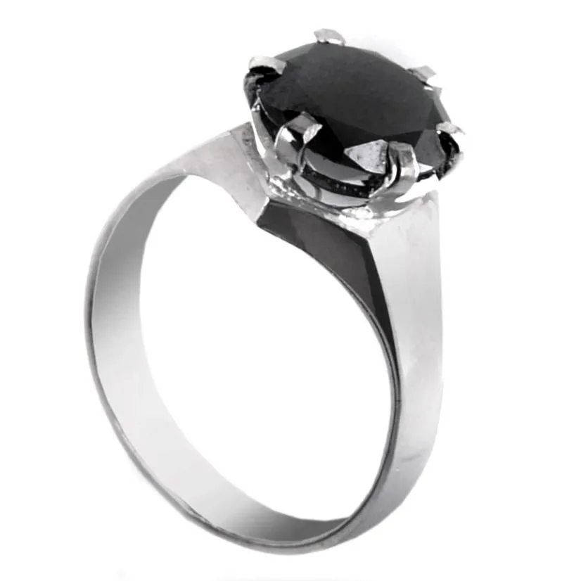 2.50 Ct Certified Round Black Diamond Ring in 925 Sterling Silver. Great Brilliance & Luster