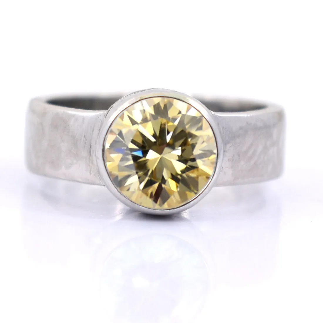 3 Ct Champagne Diamond Solitaire Ring In Bezel Setting With Hammered Look, Amazing Shine & Bling