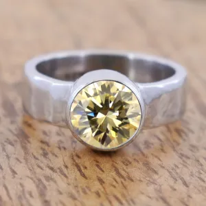 3 Ct Champagne Diamond Solitaire Ring In Bezel Setting With Hammered Look, Amazing Shine & Bling