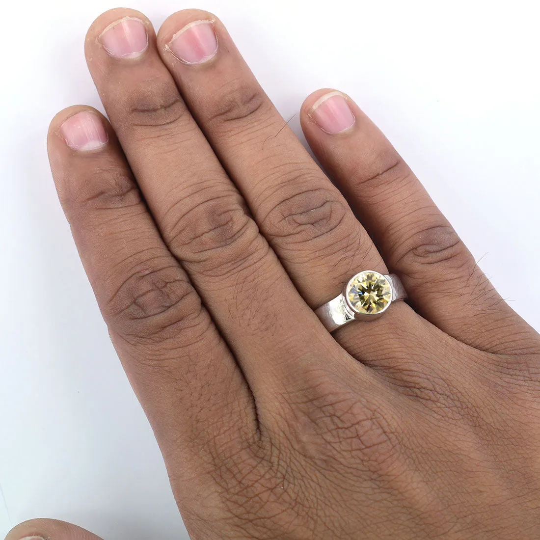 3 Ct Champagne Diamond Solitaire Ring In Bezel Setting With Hammered Look, Amazing Shine & Bling