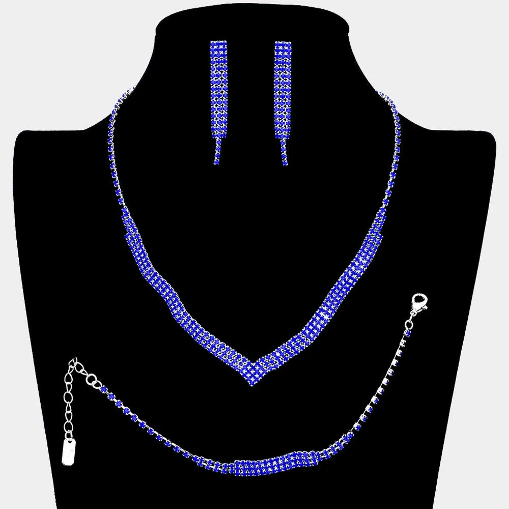3 Piece Sapphire Crystal Rhinestone Fringe Necklace Set  | Homecoming Jewelry |  299089