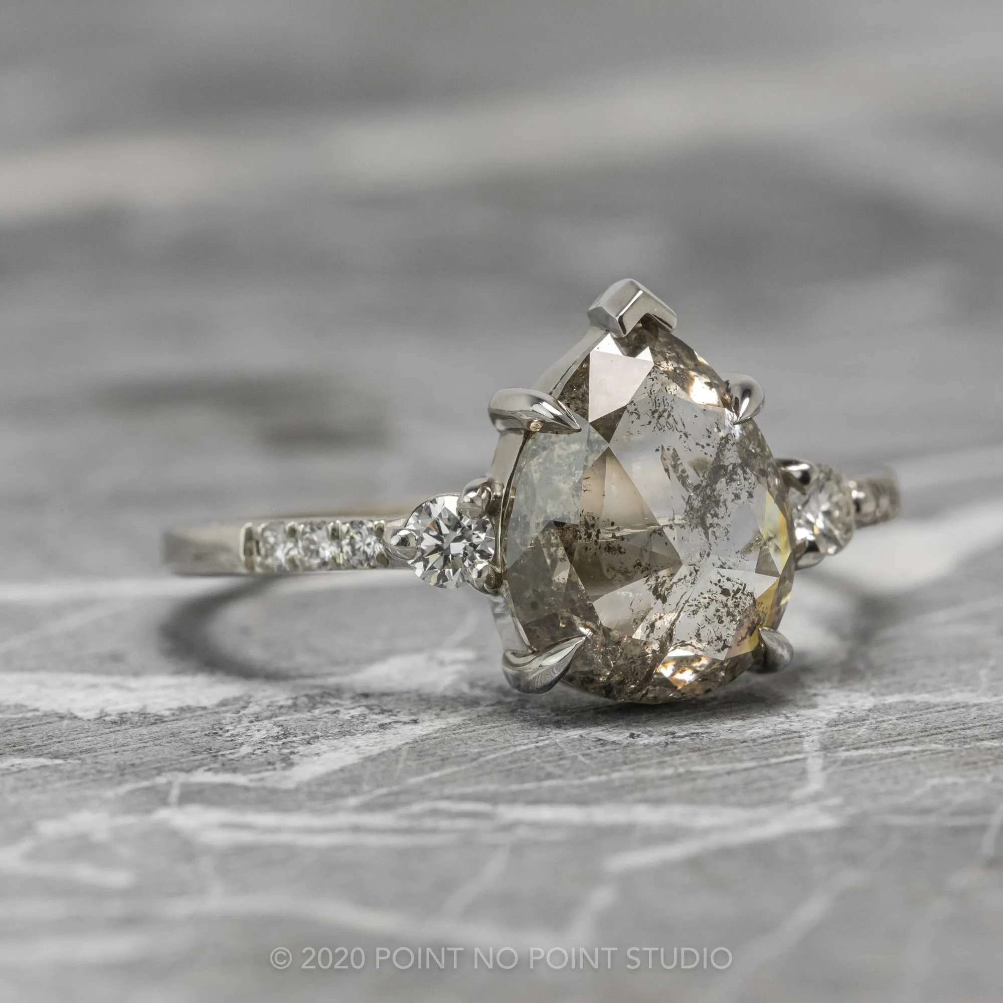 3.16 Carat Salt and Pepper Pear Diamond Engagement Ring, Eliza Setting, Platinum