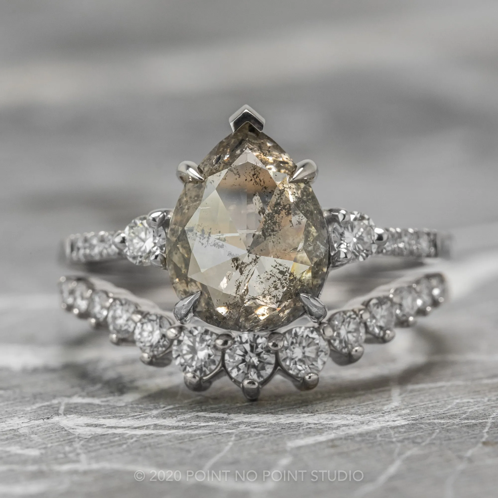 3.16 Carat Salt and Pepper Pear Diamond Engagement Ring, Eliza Setting, Platinum