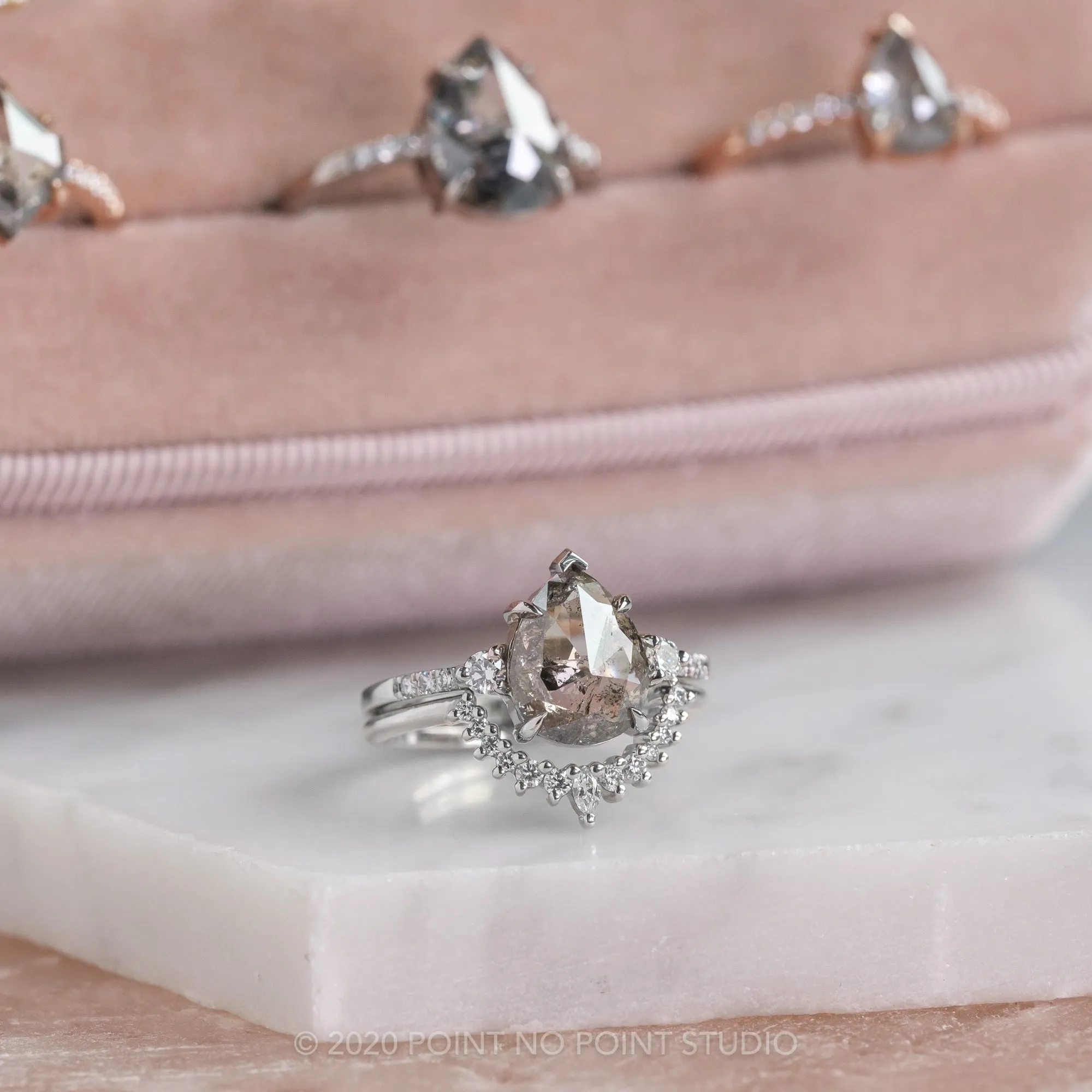 3.16 Carat Salt and Pepper Pear Diamond Engagement Ring, Eliza Setting, Platinum