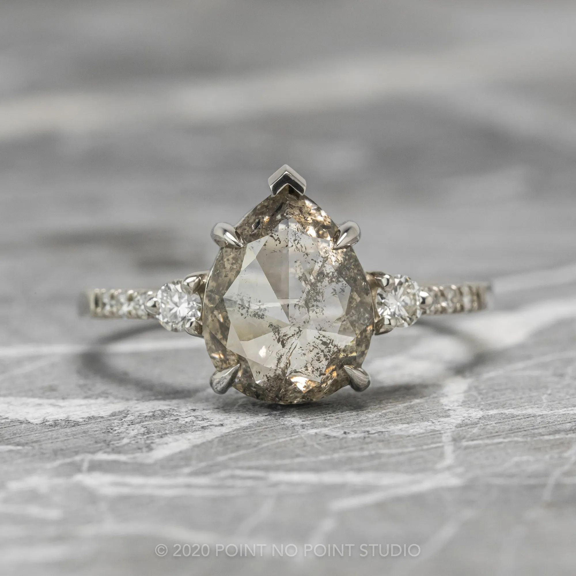 3.16 Carat Salt and Pepper Pear Diamond Engagement Ring, Eliza Setting, Platinum