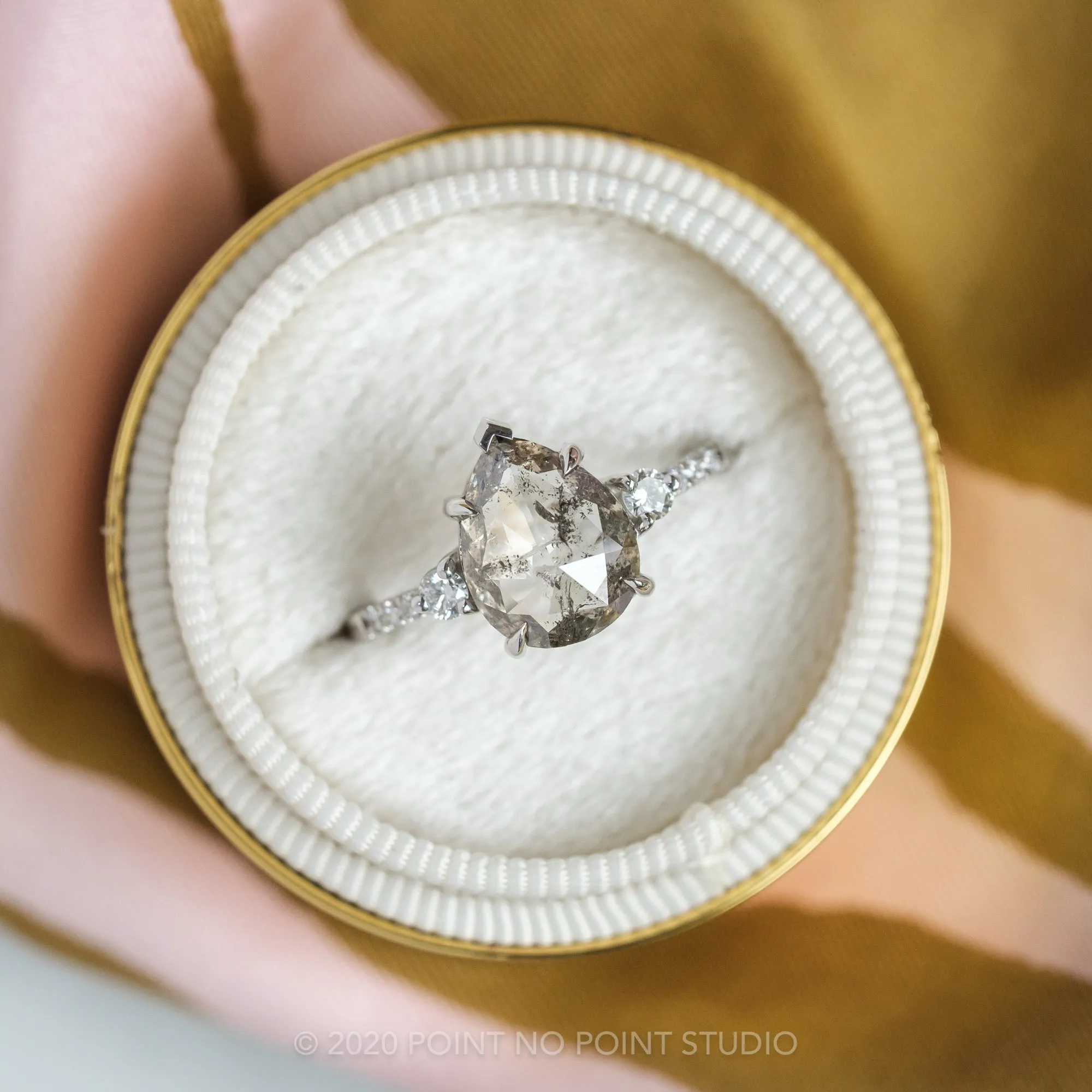 3.16 Carat Salt and Pepper Pear Diamond Engagement Ring, Eliza Setting, Platinum
