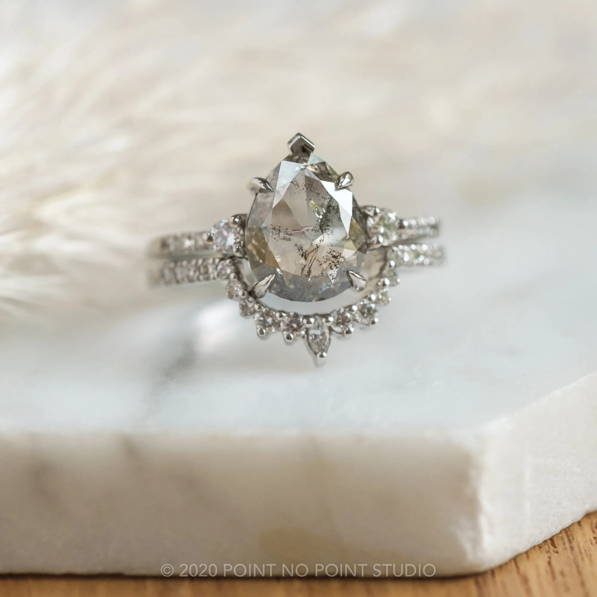 3.16 Carat Salt and Pepper Pear Diamond Engagement Ring, Eliza Setting, Platinum