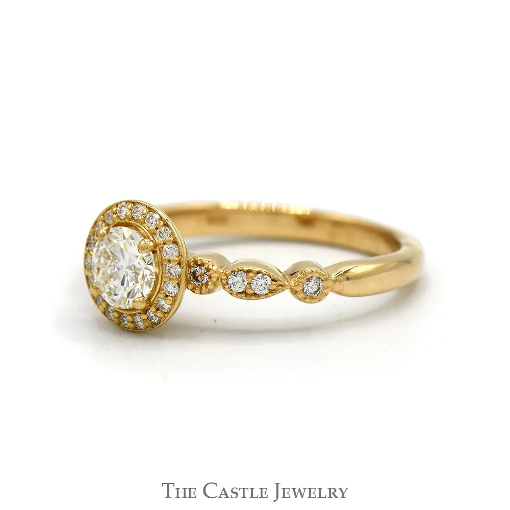 3/4cttw Round Diamond Solitaire Engagement Ring with Diamond Halo and Accented Sides in 14k Yellow Gold