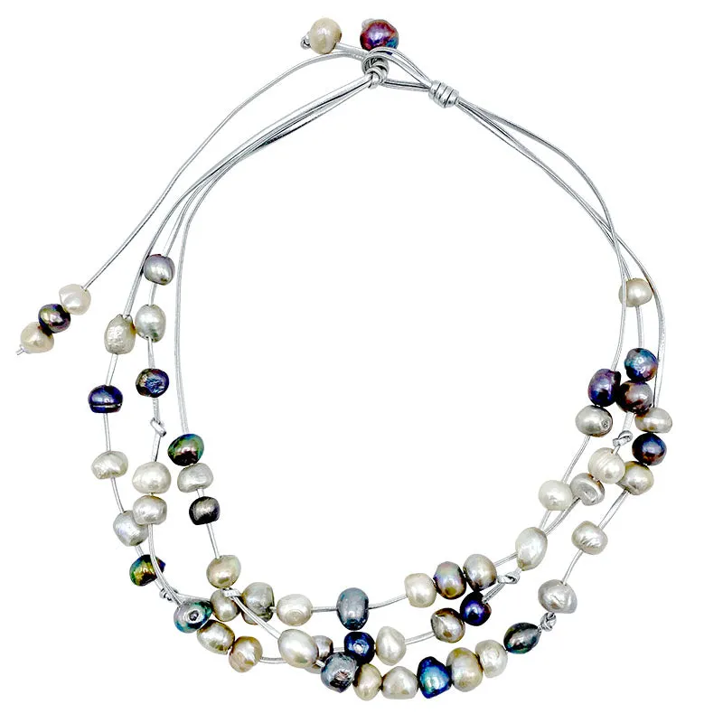 401-09-S | SHORT SILVER CORD 3-STRAND W/ MULTI PEARL