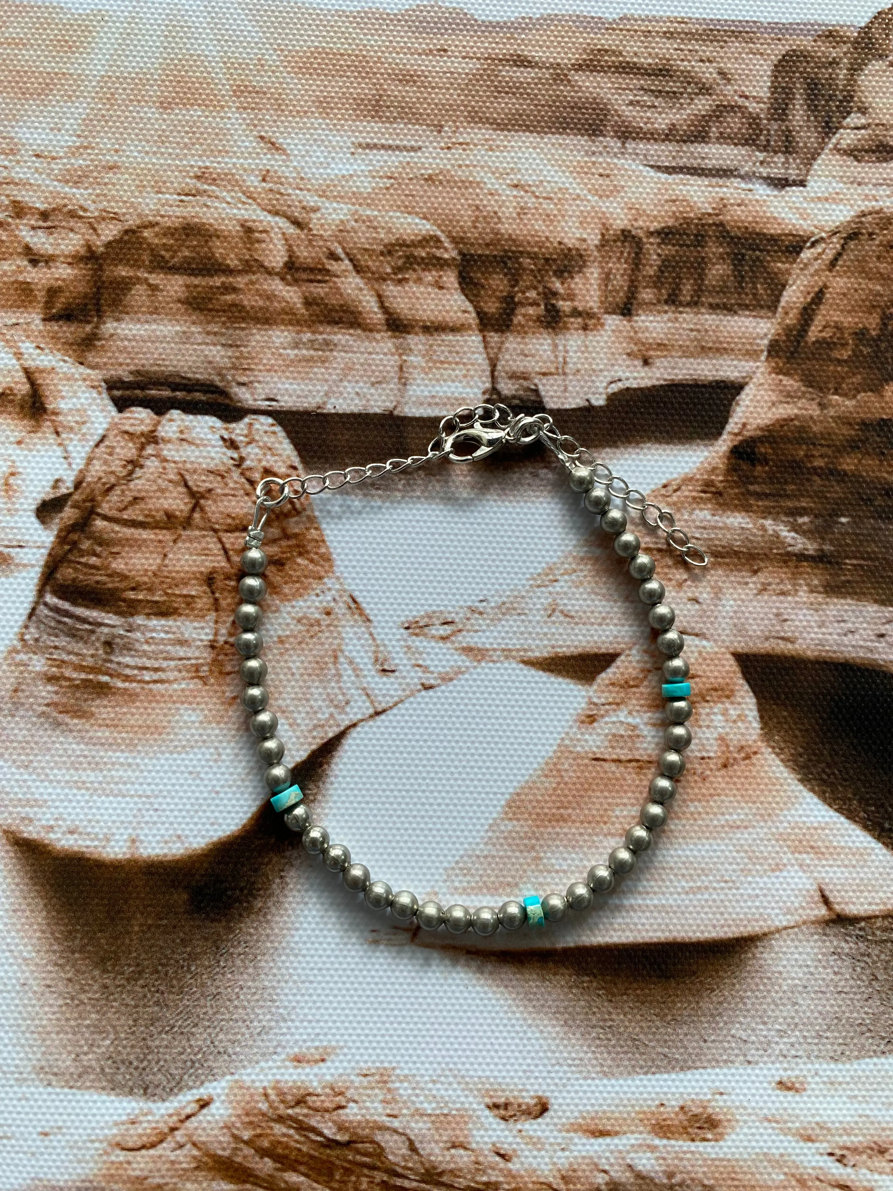 4MM Silver Plated Pearl Bracelet with Turquoise