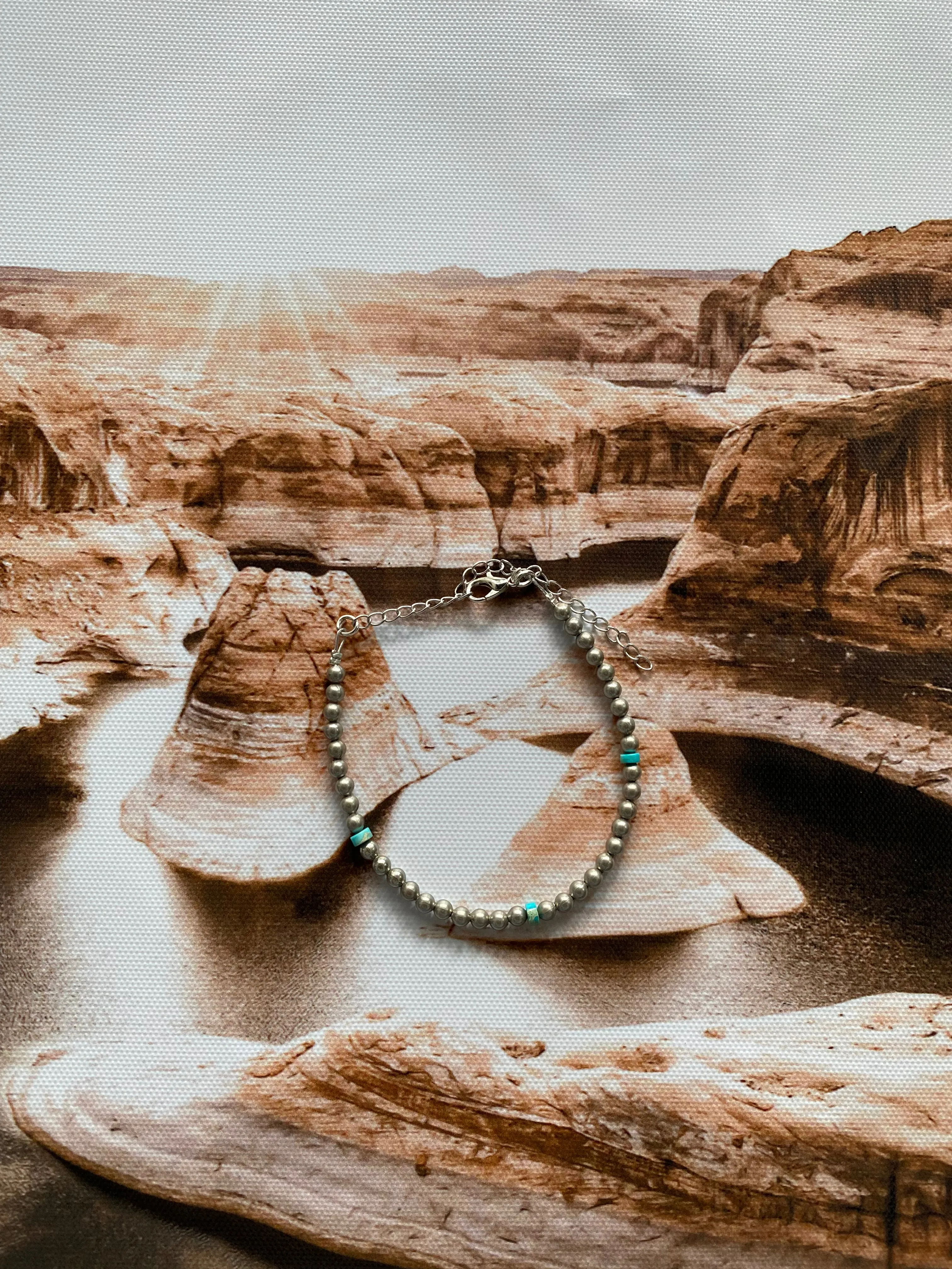 4MM Silver Plated Pearl Bracelet with Turquoise