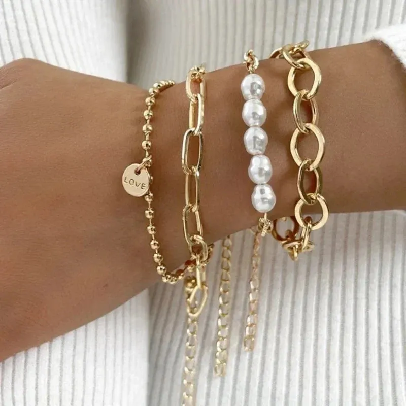 4pcs Punk Curb Cuban Chain Bracelets Set for Women Simple Thick Gold Color Charm Bracelets Fashion Jewelry Accessories New
