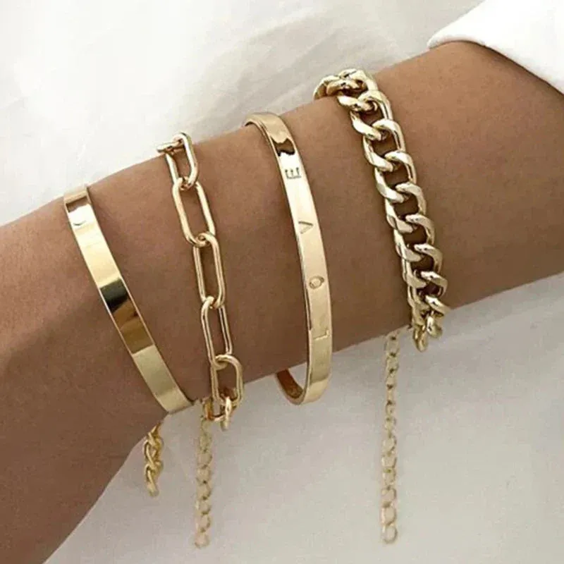 4pcs Punk Curb Cuban Chain Bracelets Set for Women Simple Thick Gold Color Charm Bracelets Fashion Jewelry Accessories New