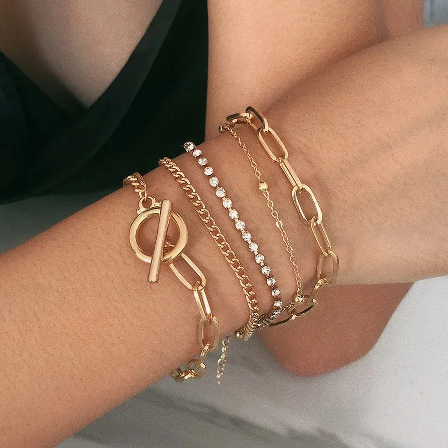 4pcs Punk Curb Cuban Chain Bracelets Set for Women Simple Thick Gold Color Charm Bracelets Fashion Jewelry Accessories New