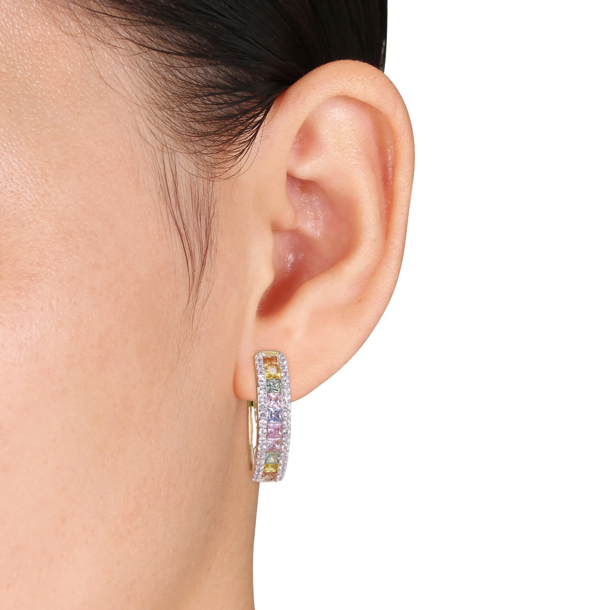 5 3/4 CT TGW MULTI COLOR SAPPHIRE HOOP EARRINGS 14K YELLOW GOLD
