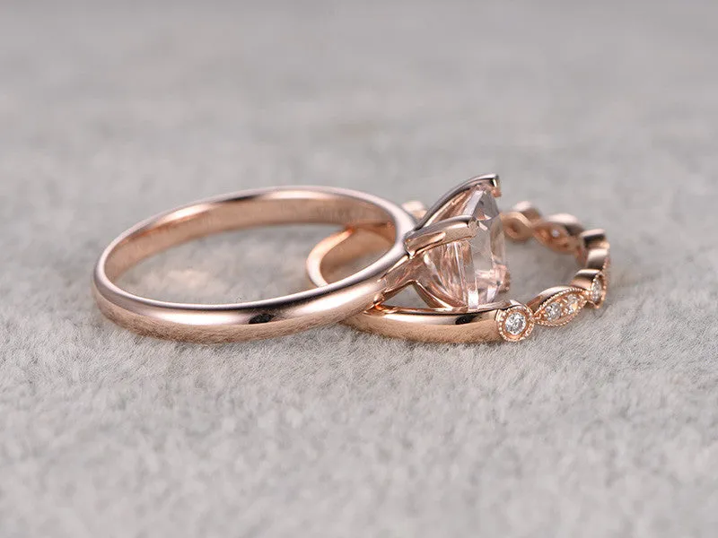 6.5mm Princess Cut Morganite Wedding Set Diamond Bridal Ring 14k Rose Gold Marquise Eternity Matching Band