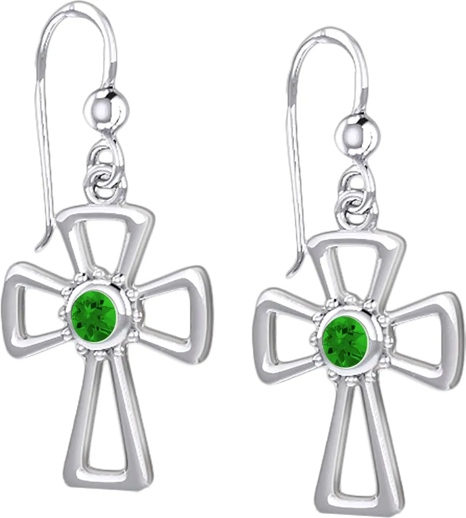 925 Sterling Silver Simulated Birthstone Cross Earrings