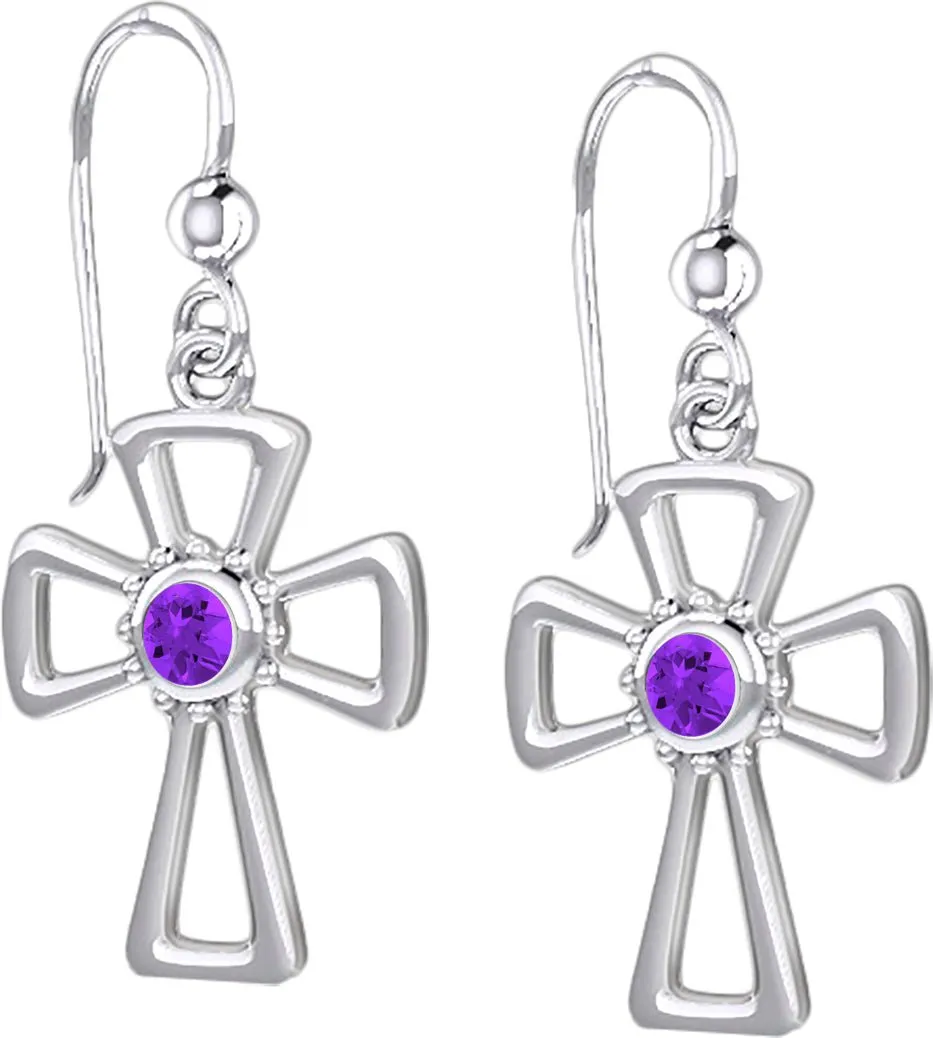 925 Sterling Silver Simulated Birthstone Cross Earrings