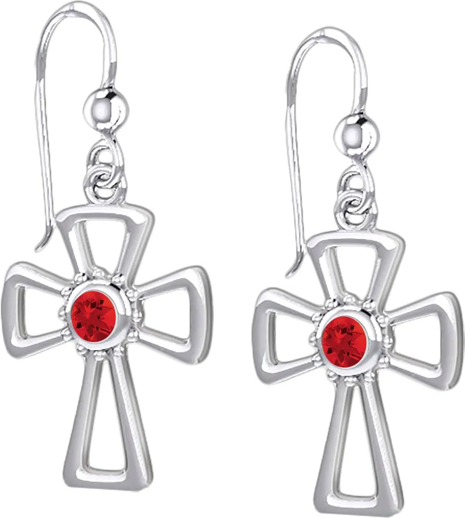 925 Sterling Silver Simulated Birthstone Cross Earrings