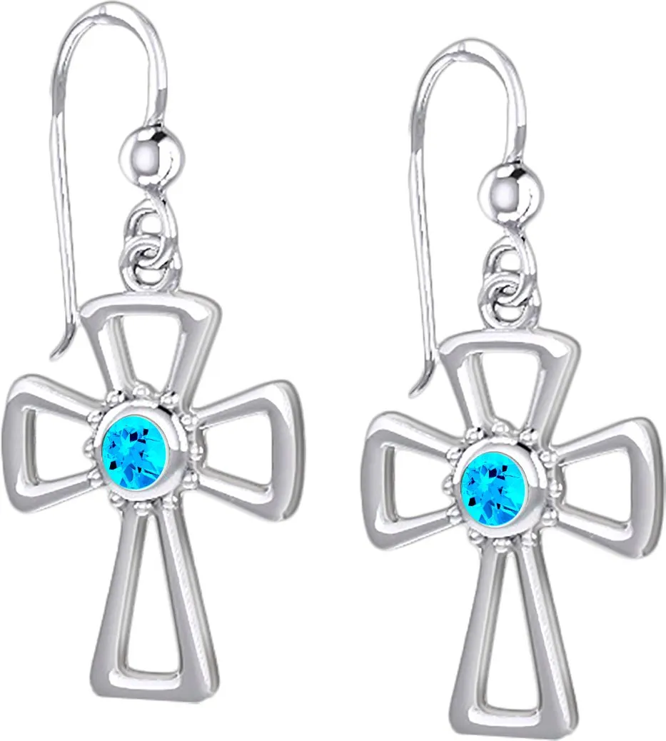 925 Sterling Silver Simulated Birthstone Cross Earrings