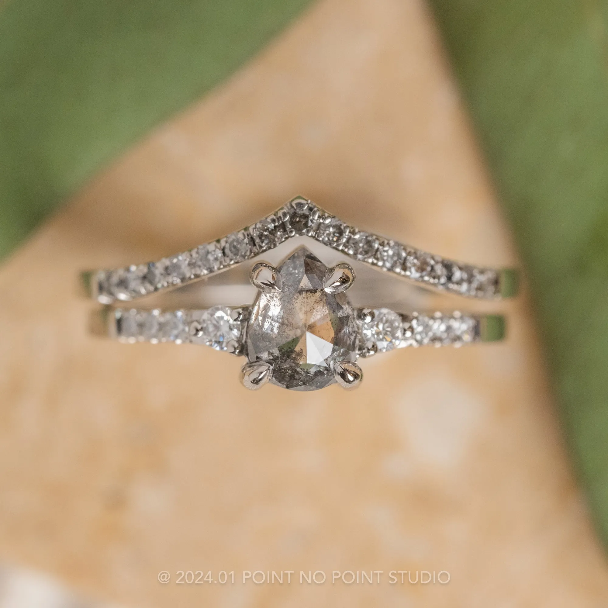 .98 Carat Salt and Pepper Pear Diamond Engagement Ring, Eliza Setting, 14k White Gold