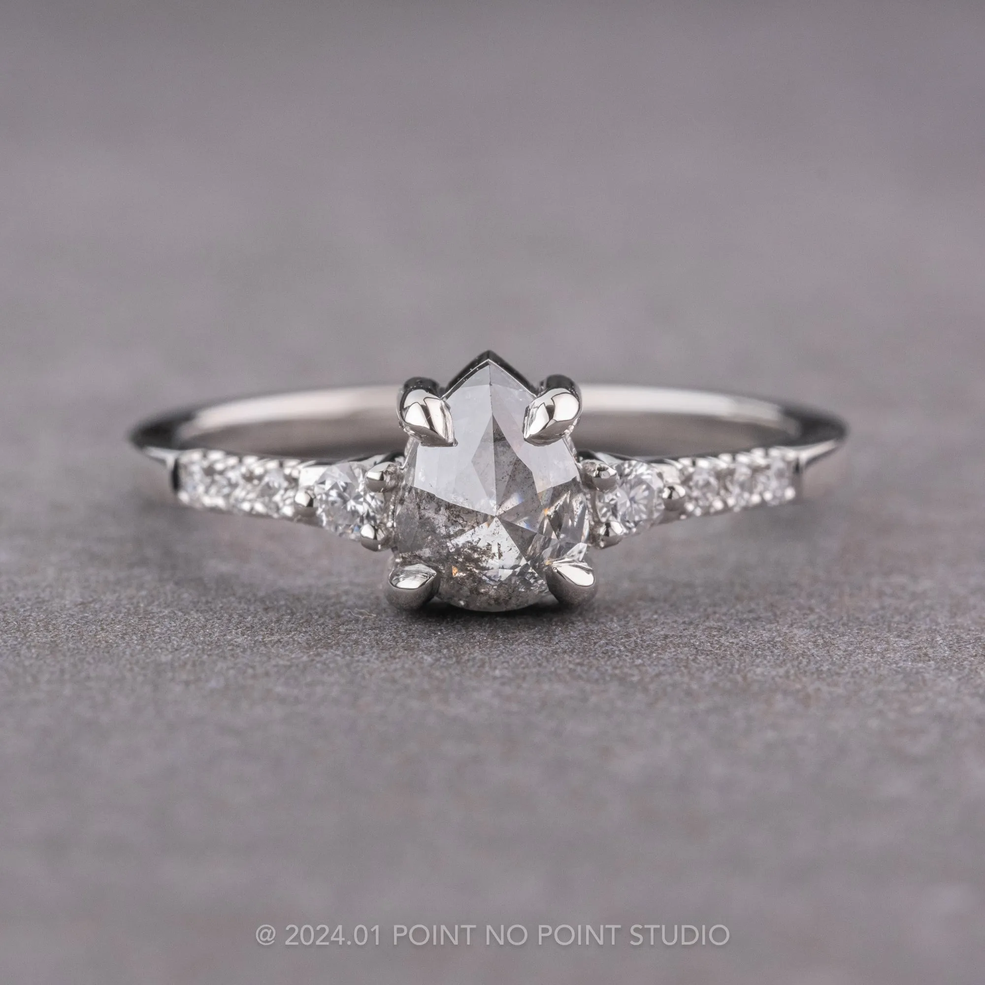 .98 Carat Salt and Pepper Pear Diamond Engagement Ring, Eliza Setting, 14k White Gold